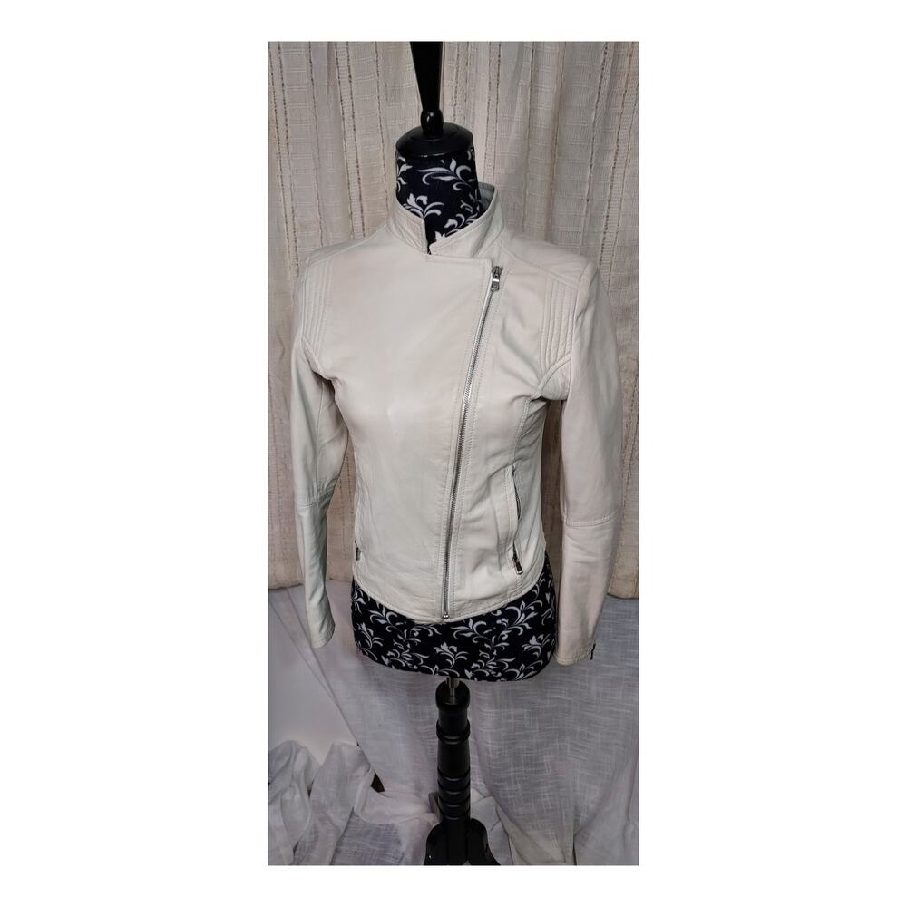 Sabani Firenze Womens Vintage Italian Leather Cream Cropped Moto Jacket Size 42